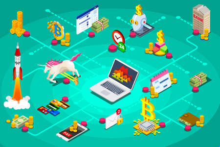 Finance, crypto business income illustration. Startup symbol. Mining currency with blockchain for business. Clipart or stickers for web banner, infographics, hero images. Flat isometric vector.のイラスト素材