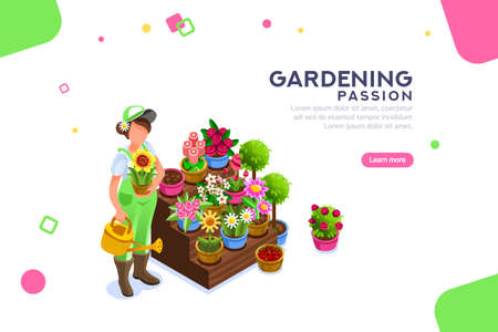 Bud concept, florist with seasonal more market descriptions or text. Bush and bouquet. Editable composition, female template or banner, concept with characters. Flat isometric vector illustration.のイラスト素材