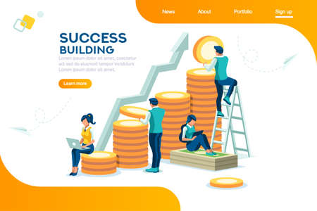 Alternative progress, building ad, investment management for company. Joint markets and move up deal. Bank career growth for success. Flat ambition concept with character isometric vector illustrationのイラスト素材