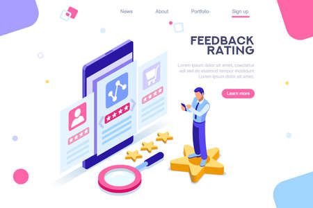 Opinion, user choice support to approve human rate. Measurement experience images. Vote and evaluation. Isolated status of business recommendation. Web recommend background, flat isometric vectorのイラスト素材