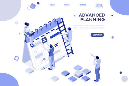Analysis, office calendar. Statistics solutions, graphs, infographic. Database. Creative interact set, workspace, people on web banner. Flat isometric vector illustration isolated on white backgroundのイラスト素材