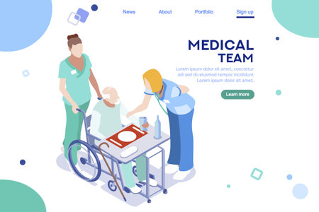 Health collection. Clinic center, hospital interface. Healthcare, modern doctor team. Medical app. Team career web banner. Flat isometric illustration isolated on white background.のイラスト素材