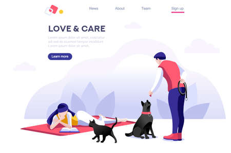 Relationship Poster, Domestic Concept. Leisure for Character. Flyer with Animal for Female, Relax Banner. Male Care, Walk and Love, Outdoor with Pet. Cartoon Flat Vector Illustration Isometric Banner.のイラスト素材