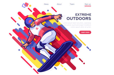 Outdoor jumping in nature, male outdoors dangerous active entertainment. Cool clothing for sportsman activity. Clothes set for competition, vacation extreme road on young landscape. Winter recreation.のイラスト素材