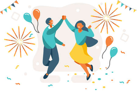 Company contract greeting, successful agreement idea. Friendship to success, friend congratulation. Joy to flying joyful on the air to celebrate an achievement. Young celebration leader. Flat vector.のイラスト素材