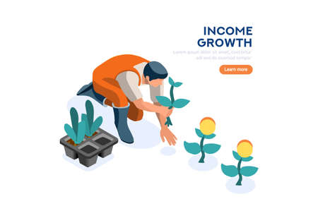 Idea of income, person on profit, people on golden investment with cartoon banknotes. Rich person watering a plant of money, web page for wealth. Financial website, flat vector illustration.のイラスト素材