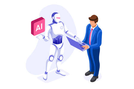 Symbolic office, computer symbol as remote web assistance for humans. Artificial intelligence technology sign. Internet workers simple man and high tech robot machine. Cartoon flat vector illustrationのイラスト素材