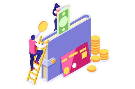 Banknote vector illustration. Wallet in flat tiny persons concept. Women's savings purse, successful credit. Cartoon bills in the office. Golden earnings holding currency metallic cash. Man with coinsのイラスト素材