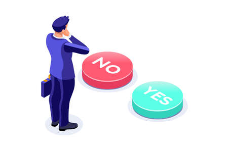 Person choosing and agree the yes select option, ok decision to confirm choice for a solution. Positive fingers out of no negative symbol. Symbolic flat abstract concept. Isometric vector illustrationのイラスト素材