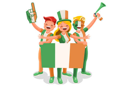 Crowd of persons celebrate national day of Ireland with a flag. Irish people celebrating a football team. Soccer symbol and victory celebration. Sports cartoon symbolic flat vector illustrationのイラスト素材