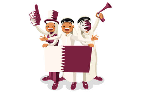 Crowd of persons celebrate national day of Qatar with a flag. Qatari people celebrating a football team. Soccer symbol and victory celebration. Sports cartoon symbolic flat vector illustrationのイラスト素材