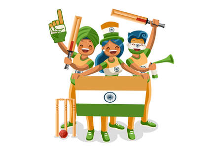 Cricket league, Indian people celebrating India flag. Cricketer player celebration, batsman cartoon characters. Crowd of persons celebrate victory of cup. Racket symbol on symbolic vector illustrationのイラスト素材