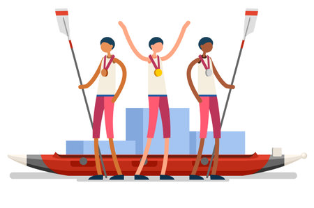 Crowd of persons celebrate xxxii summer games athletics medal. Sportive people celebrating canoeing...