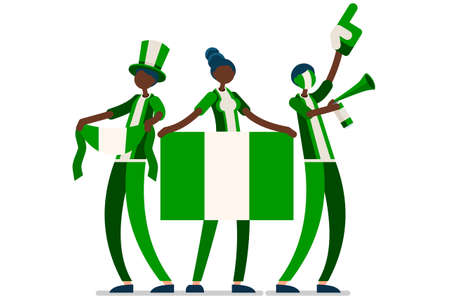 Crowd of persons celebrate national day of Nigeria with a flag. Nigerian people celebrating a football team. Soccer symbol and victory celebration. Sports cartoon symbolic flat vector illustrationのイラスト素材