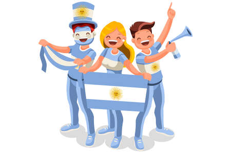 Crowd of persons celebrate national day of Argentina with a flag. Argentine people celebrating a football team. Soccer symbol and victory celebration. Sports cartoon symbolic flat vector illustrationのイラスト素材