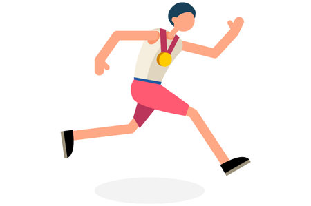 Male person celebrate summer games athletics medal. Sportive people celebrating track and field running team. Runner athlete symbol on victory celebration. Sports cartoon symbolic vector illustration.のイラスト素材