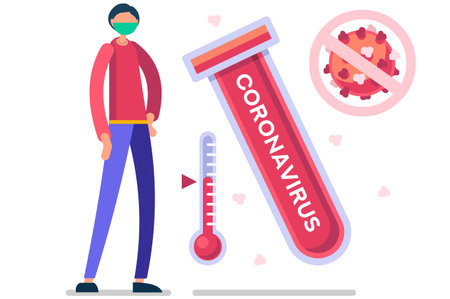 Symbolic alert, infection risk symbol. Coronavirus virus infected person with fever, coronaviruses signs and symptoms. Global health caution to viruses pandemic outbreak. Medical concept. Vectorのイラスト素材