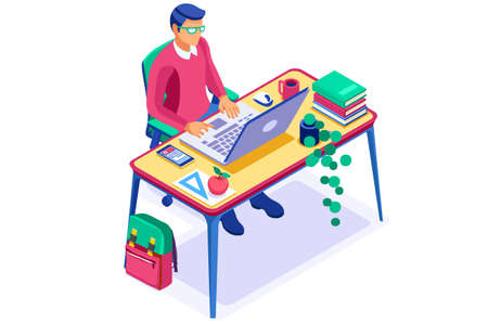 Books for education online, student learning to work. Student knowledge by online laptop, education at home. Books on the desk at home and a laptop for knowledge. Work concept flat vector illustrationのイラスト素材
