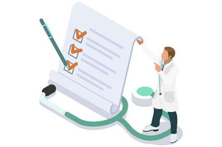 Medicine insurance security care for life. Hospital diagnosis design, health care document filling concept. Document health diagnoses medical insurance. Text and cartoon character vector illustrationのイラスト素材