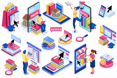 Library reading page for study. Reading dictionary on library, university encyclopedia. Libraries web page, internet archive of books history culture book on internet. Flat cartoon vector illustrationのイラスト素材