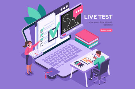 Student learning for diploma at the class with books. Course, class work for diploma test learning, academy student on online device working on test. Diplomas for students, academy education. Vector.のイラスト素材