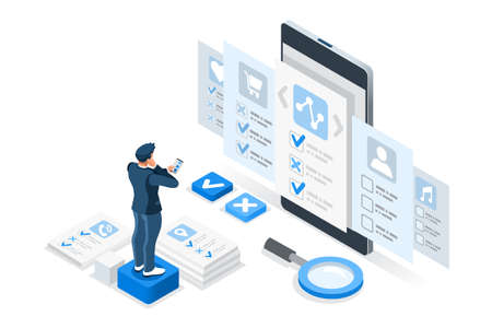 Symbolic questions, marks of answers, people question concept. Support mark of online support, ask concept exclamation symbol of question. Man and woman character Isometric Illustration Vector Designのイラスト素材