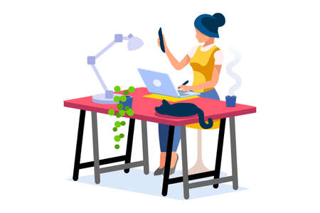 Trendy homes studio at woman home. Work on trendy computer in a young space working with style on laptop. Concept of working, woman in isolation at home. Cartoon character on vector illustrationのイラスト素材