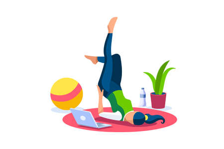 Girl wellness, sports at home by workout doing. Healthy workout for the body, home indoor sports for female wellness. Training female indoors for body health concept. Cartoon style vector illustrationのイラスト素材