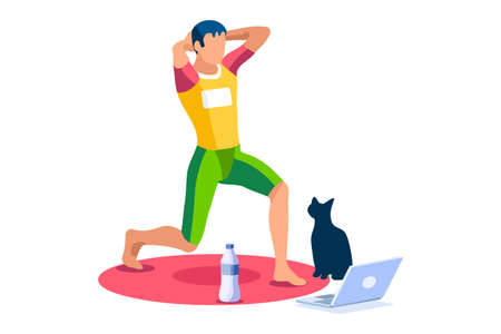 Boy wellness, sports at home by workout doing. Healthy workout for the body, home indoor sports for male wellness. Training male indoors for body health concept. Cartoon style vector illustrationのイラスト素材