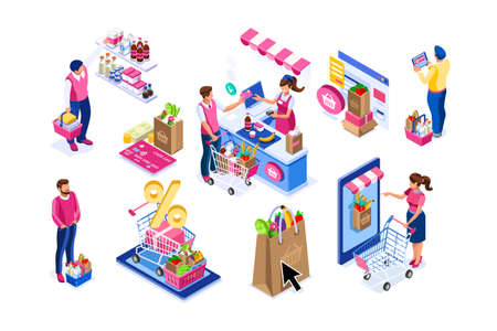 Goods purchases, cartoon set. Paying customers with trolley, supermarket line grocery. Supermarket customer, cartoon goods buying with trolley. Flat groceries purchaser collection, buyers group vectorのイラスト素材