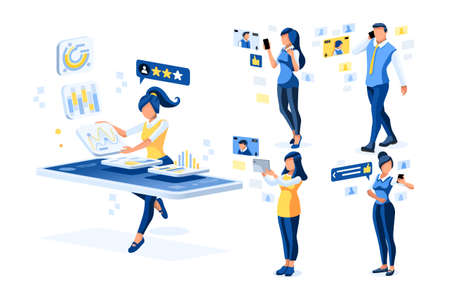 Liking app for photos, character on video talking. Smartphones on male chatting with girls. Social boys and female social chatting on smartphones. Video or photos liking on mobile. Cartoon Flat Vectorのイラスト素材