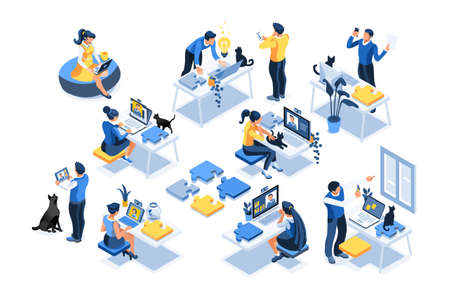 Online work on internet, girl sitting relaxing on computer, sitting on desk. Girl workplace, internet conference, work in remote online desktop. Remote conference workplace, desk and computer. Vector.のイラスト素材