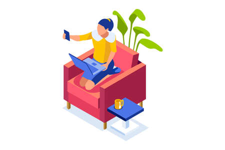 Talking online, concept of working at home. Character sitting at the office looking screen on the desk. Office character working online. Woman at home sitting looking for work. Flat Vectorのイラスト素材