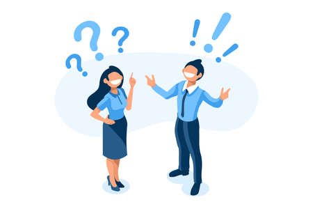 Symbolic questions, marks of answers, people question concept. Support mark of online support, ask concept exclamation symbol of question. Man and woman character Isometric Illustration Vector Designのイラスト素材