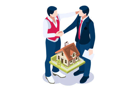Mortgage to invest, characters and real estate property, loan on real estate to buy. Character and agent for invest on rent, mortgage concept or rent. Agent buying loan, people's property. Vector.のイラスト素材