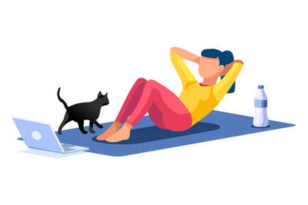 Girl wellness, sports at home by workout doing. Healthy workout for the body, home indoor sports for female wellness. Training female indoors for body health concept. Cartoon style vector illustrationのイラスト素材