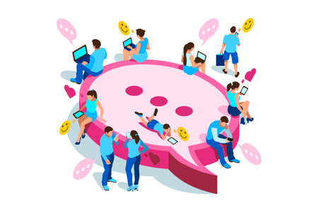 People on smartphone chatting with digital clients on service for chat. Characters on flat vector illustrationのイラスト素材
