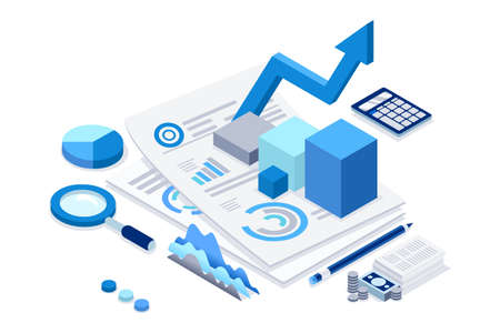 Filling tax documents for calculation. Characters preparing graph charts. Accounting concept on a cartoon vector illustration.のイラスト素材