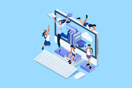 Concept of studying in network and looking for education or diploma. Learning in class with work books, students on the desk with book and laptop, home study concept. Flat Vector Illustrationのイラスト素材