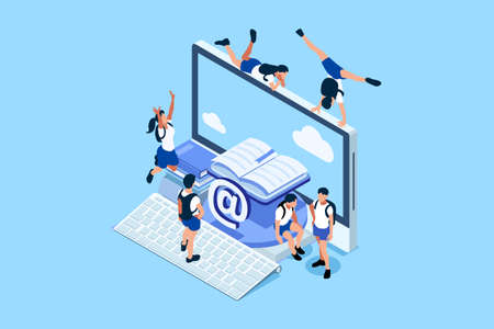 Isometric Boys and Girls Studying at Home with Laptop and Book on the Desk. Students with books working on a class and learning for diploma or education and looking for a network to study online.のイラスト素材