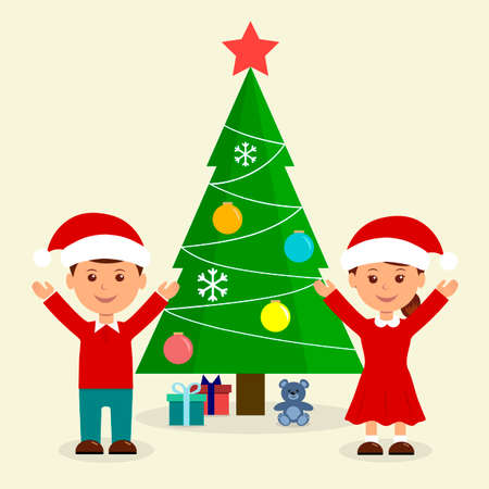 Cheerful children, boy and girl finding gift boxes under fir tree.のイラスト素材