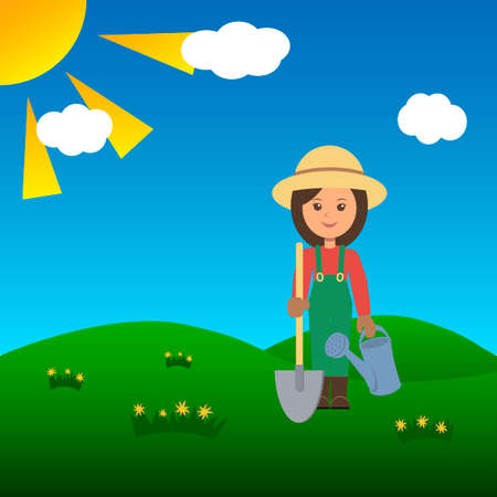 Gardener woman in a field with shovel. Vector illustration.のイラスト素材