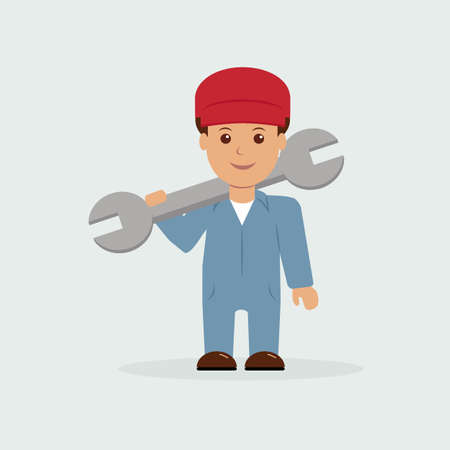 Illustration of mechanic holding a wrench.のイラスト素材