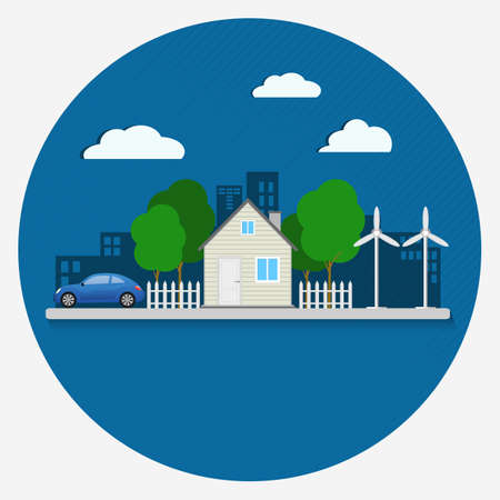 Ecological city concept: green house and environment protection from pollution.  Vector Illustration.のイラスト素材