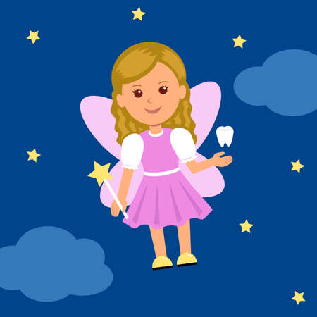 Cute Tooth Fairy in a dress with wings and a magic wand.のイラスト素材