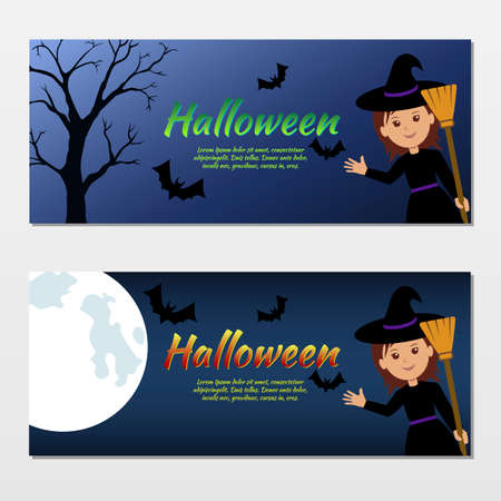 Collection backgrounds of invitations Halloween with a cute witch, full moon and a cemetery.のイラスト素材