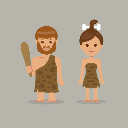 Cavemen. The characters of men and women in prehistoric outfits.のイラスト素材