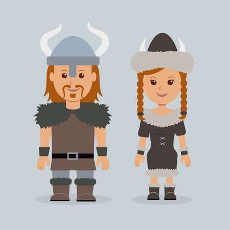 Characters vikings. Male and female in robes Scandinavian mariners.のイラスト素材