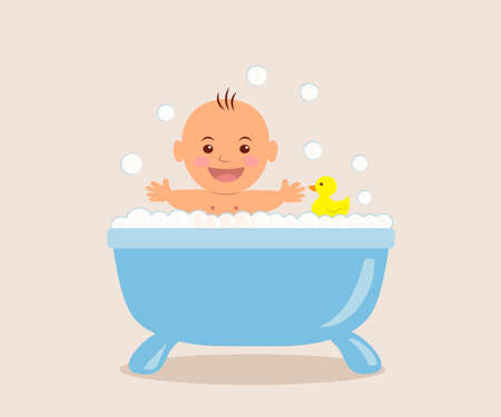 Baby bathing in the bath with foam.のイラスト素材