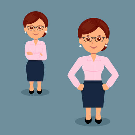 Set of business woman standing in various action. Character female manager in the flat design. Teacher.のイラスト素材
